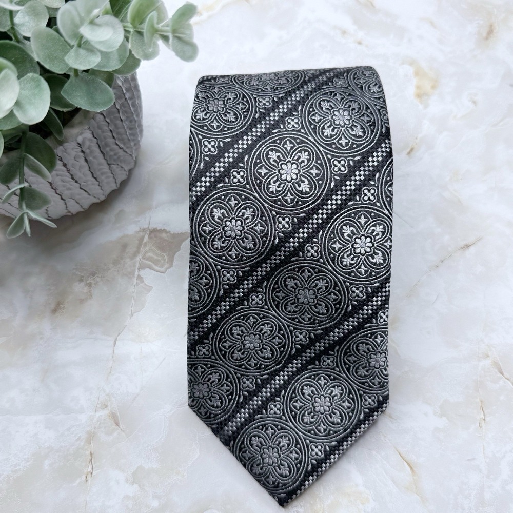 NEW Angelo Galasso Mens Silk Necktie Black Grey Jacquard Print 3 5/8" x 62 1/2"